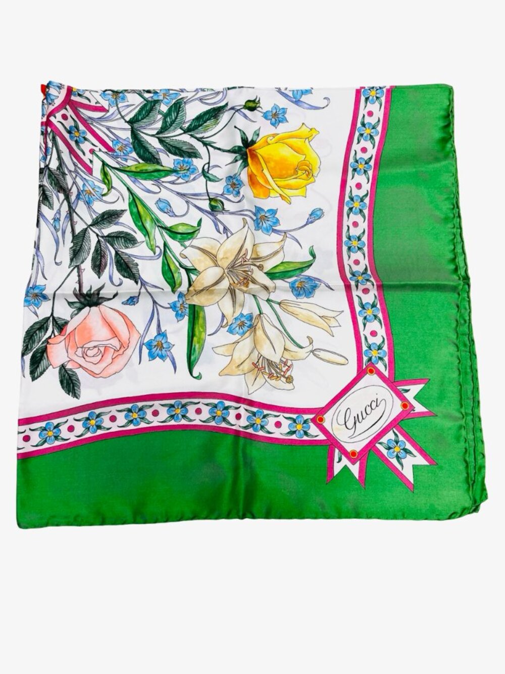 Beautiful Gucci V. ACCORNERO Floral Silk Satin Scarf  Green Beige Pink Flora (22 - Picture 13 of 16